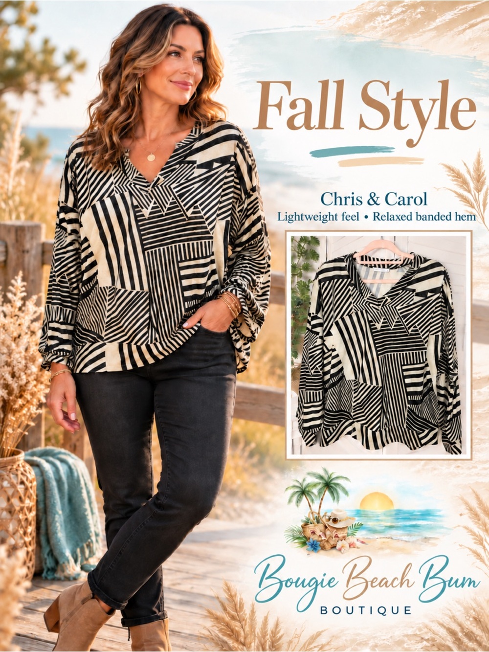 Chris & Carol Black and Cream Geometric V-Neck Tunic